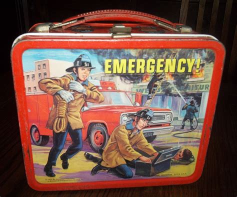 vintage collectible metal lunch box emergency with thermos & lid|old collectible metal lunch boxes.